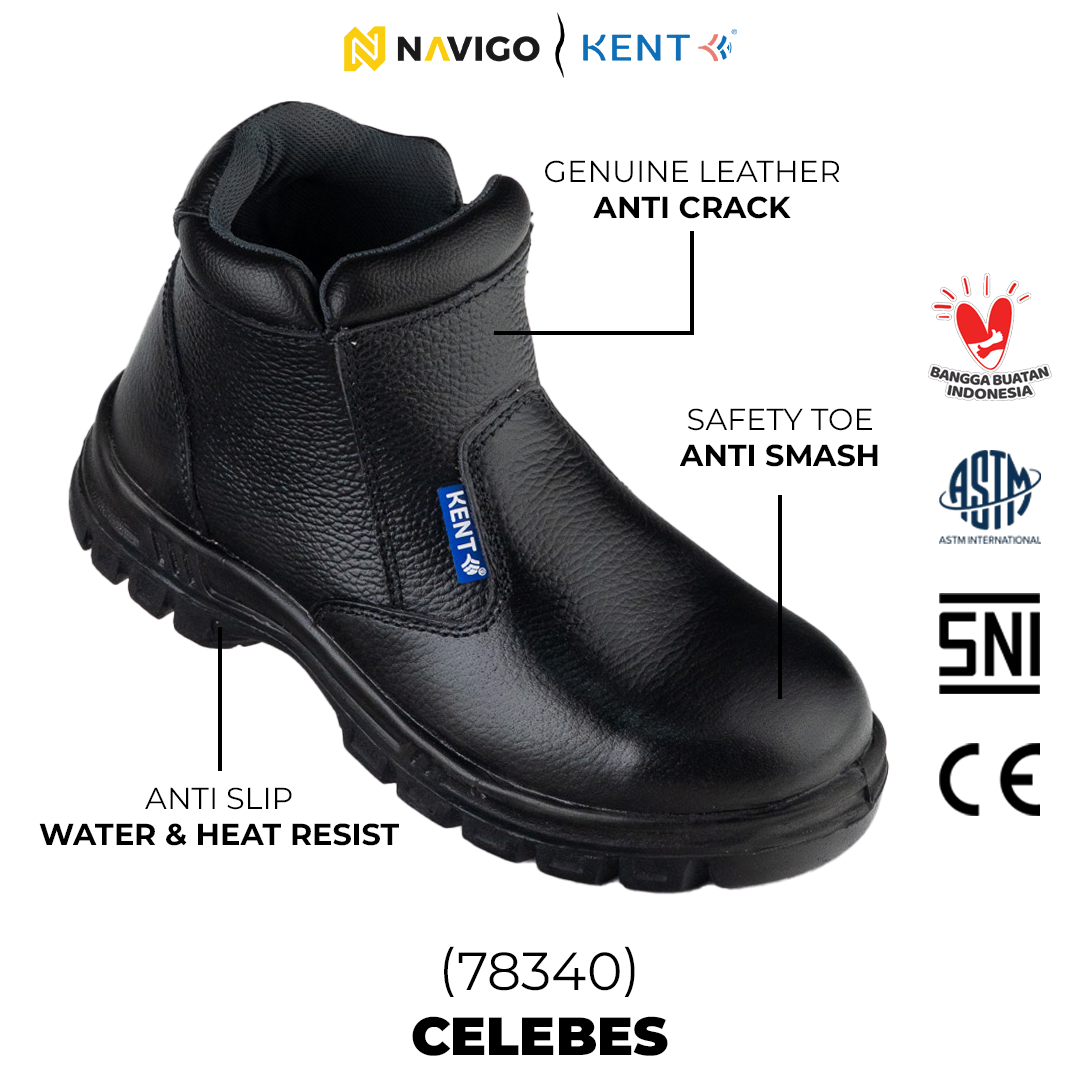 Sepatu Safety Shoes Pria Wanita Kulit Asli KENT Navigo Store Ujung Besi Slip Resist Standar SNI ASTM CE Size 37 - 45