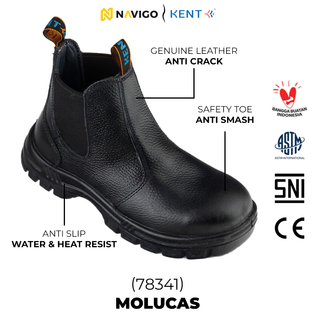 Sepatu Safety Shoes Pria Wanita Kulit Asli KENT Navigo Store Ujung Besi Slip Resist Standar SNI ASTM CE Size 37 - 45