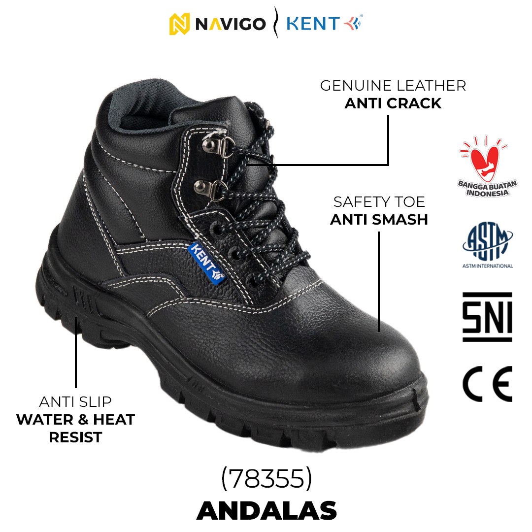 Sepatu Safety Shoes Pria Wanita Kulit Asli KENT Navigo Store Ujung Besi Slip Resist Standar SNI ASTM CE Size 37 - 45