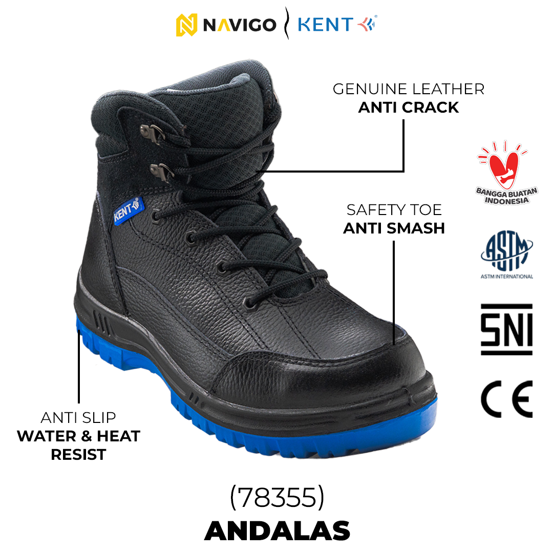 Sepatu Safety Shoes Pria Wanita Kulit Asli KENT Navigo Store Ujung Besi Slip Resist Standar SNI ASTM CE Size 37 - 45